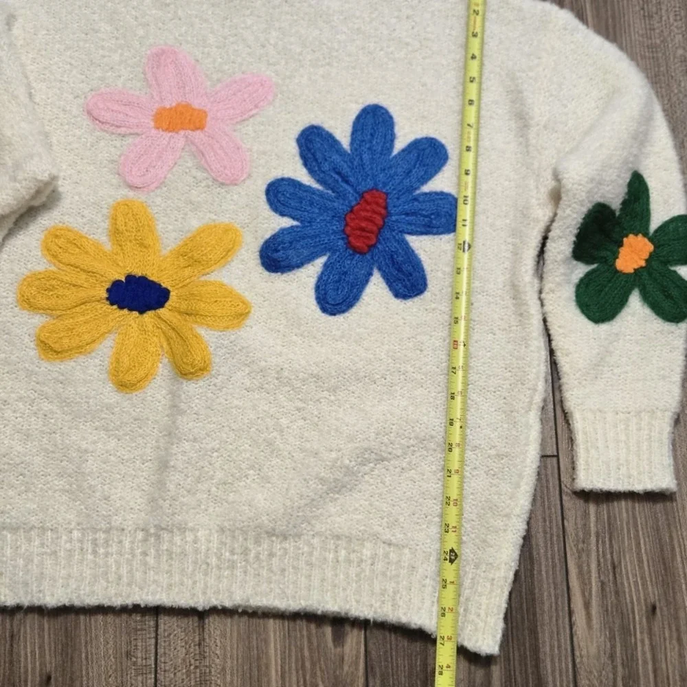 Cream Mock Neck Sweater 3D Flower Applique Knit Top Women's 2XL - Picture 4 of 8
